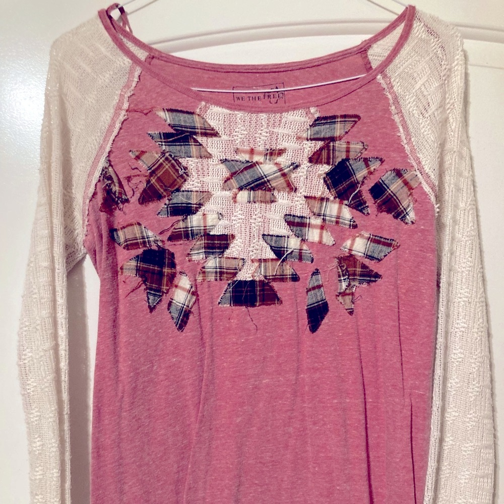 Free people pink top with white lace sleeves and plaid pattern